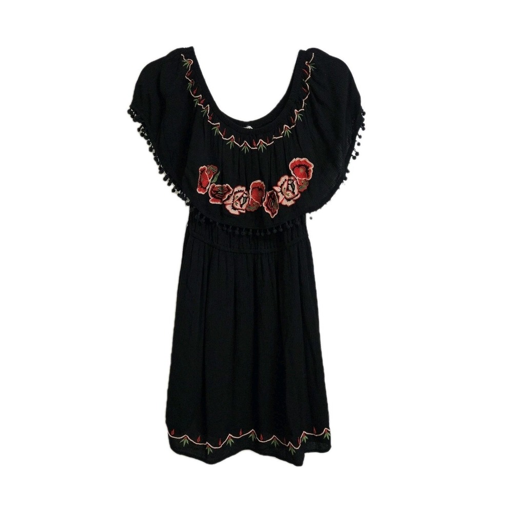 Dizzylissy Mini Dress Womens‎ M Black Embroidered Off Shoulder Bohemian Gypsy